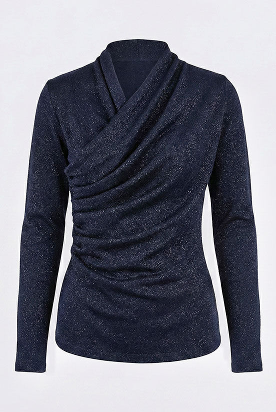 Lacivert Simli  Drape Detaylı Bluz