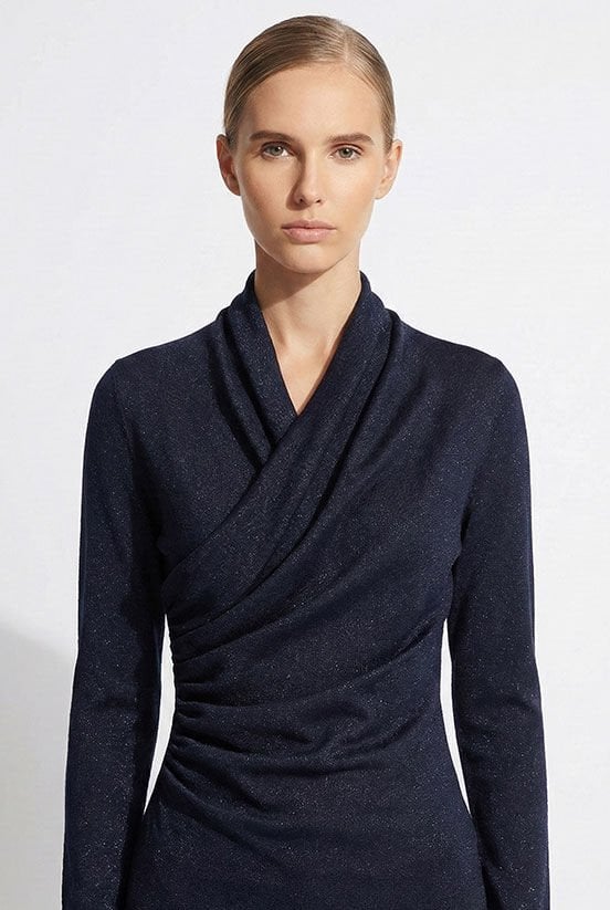 Lacivert Simli  Drape Detaylı Bluz