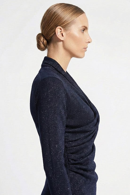 Lacivert Simli  Drape Detaylı Bluz