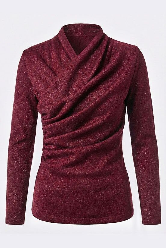 Bordo Simli Drape Detaylı Bluz