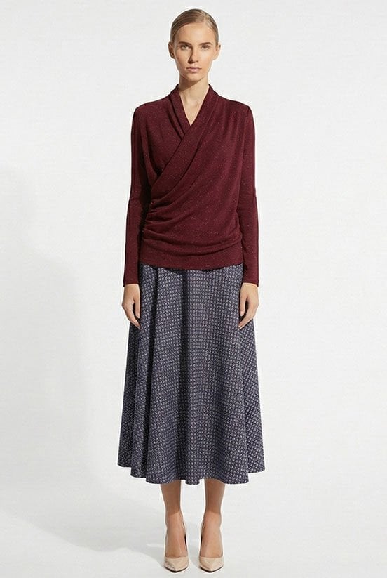 Bordo Simli Drape Detaylı Bluz