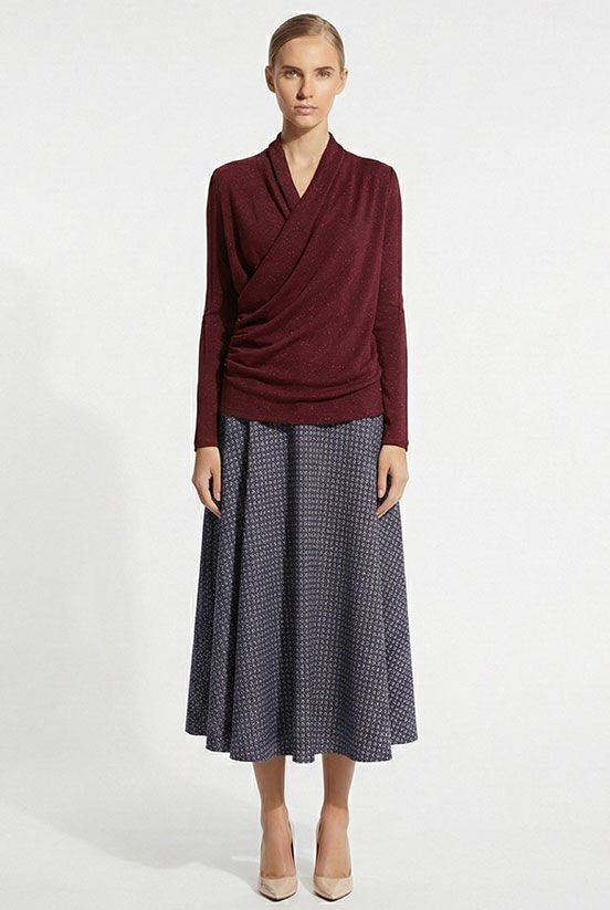 Bordo Simli Drape Detaylı Bluz