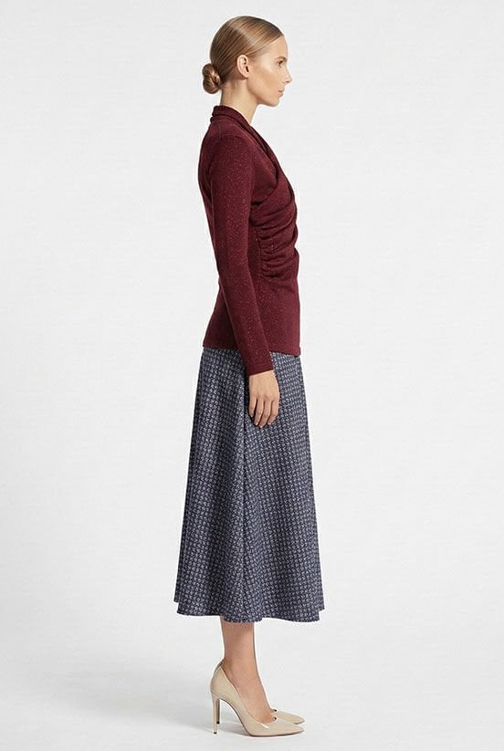 Bordo Simli Drape Detaylı Bluz