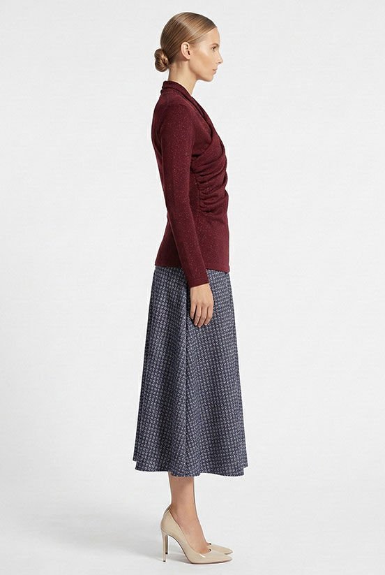 Bordo Simli Drape Detaylı Bluz
