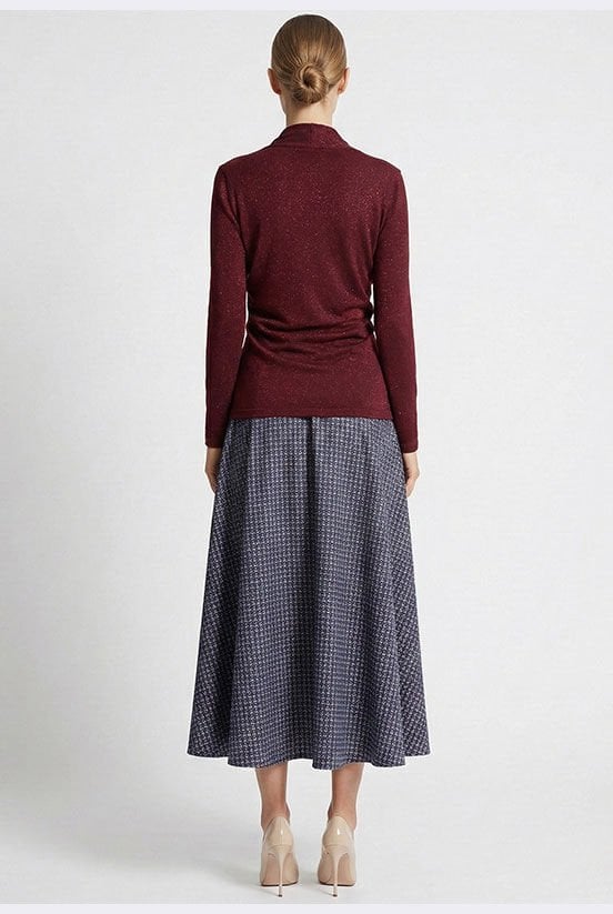 Bordo Simli Drape Detaylı Bluz