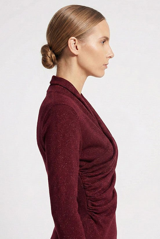 Bordo Simli Drape Detaylı Bluz