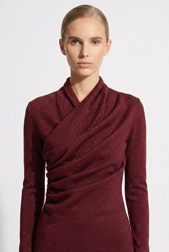 Bordo Simli Drape Detaylı Bluz