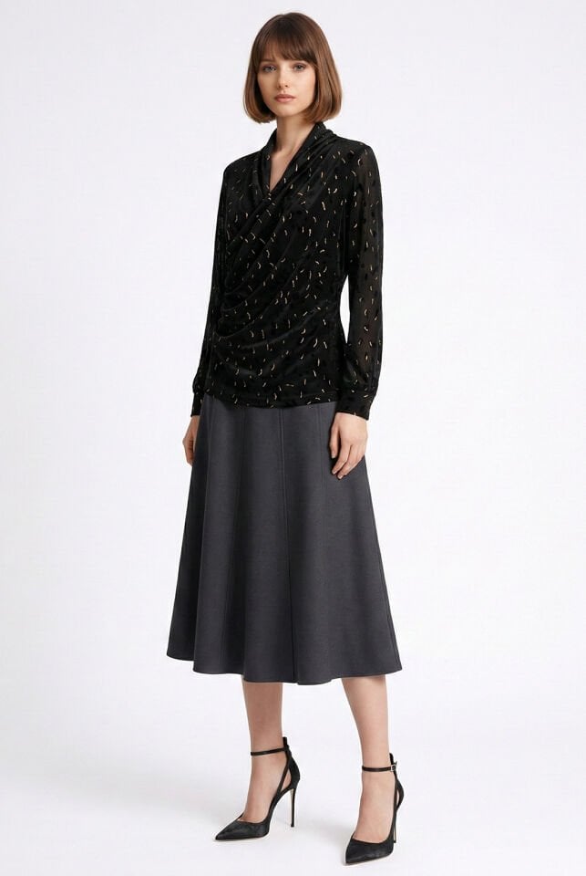 Küçük Desen Gold Varak Petekli Drape Bluz