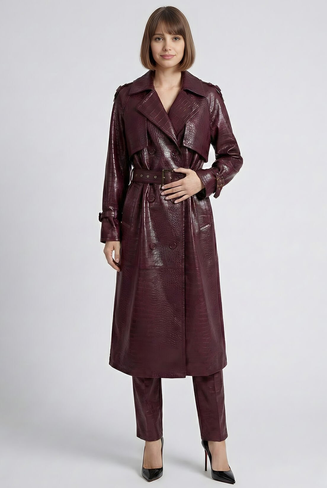 Deri Görünümlü Mürdüm Trençkot