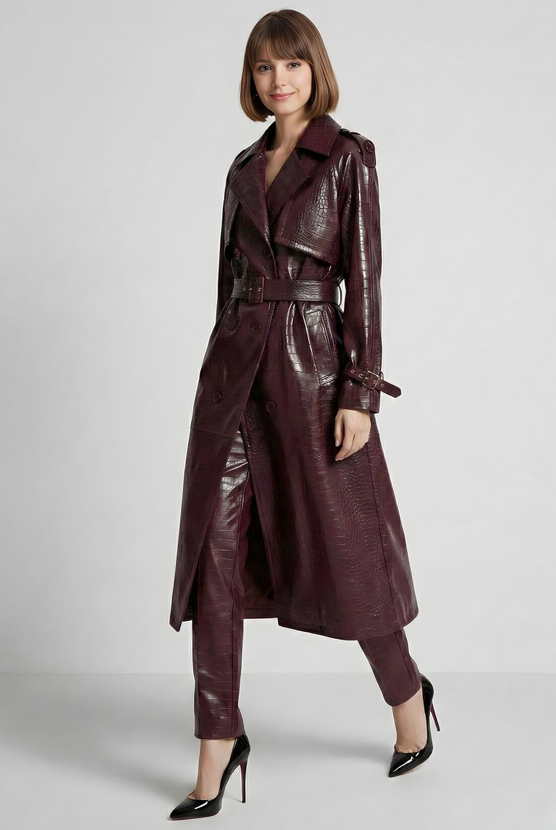 Deri Görünümlü Mürdüm Trençkot