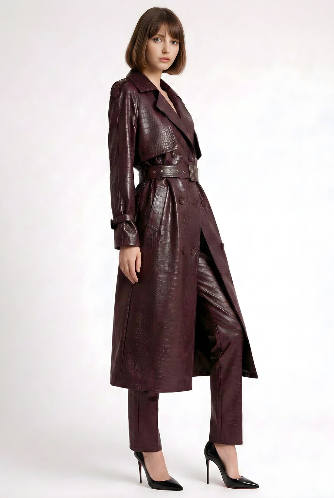 Deri Görünümlü Mürdüm Trençkot