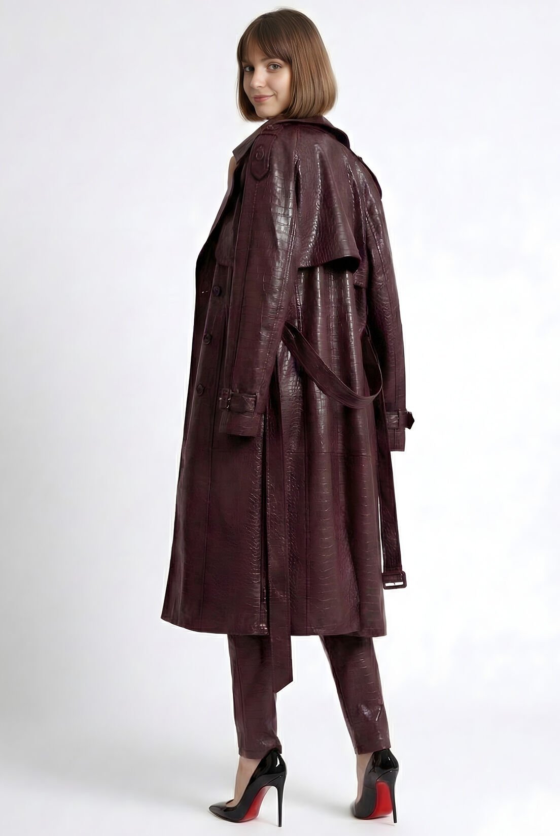 Deri Görünümlü Mürdüm Trençkot