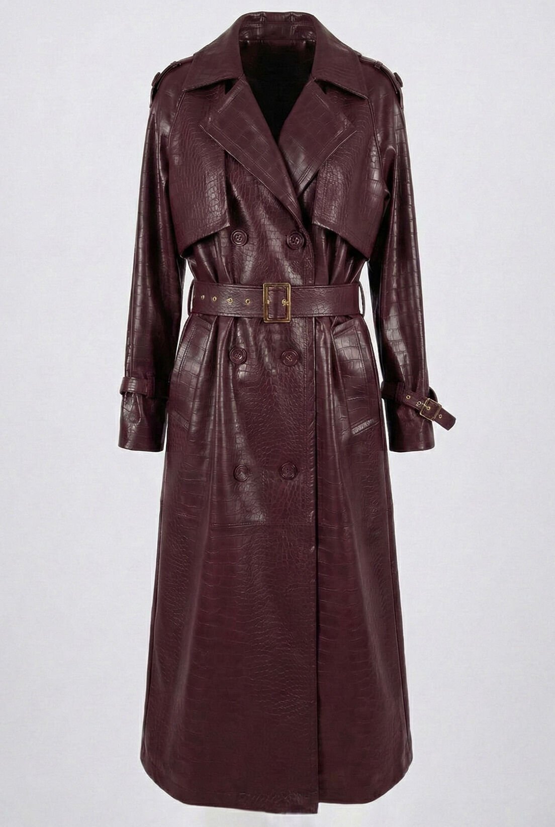 Deri Görünümlü Mürdüm Trençkot