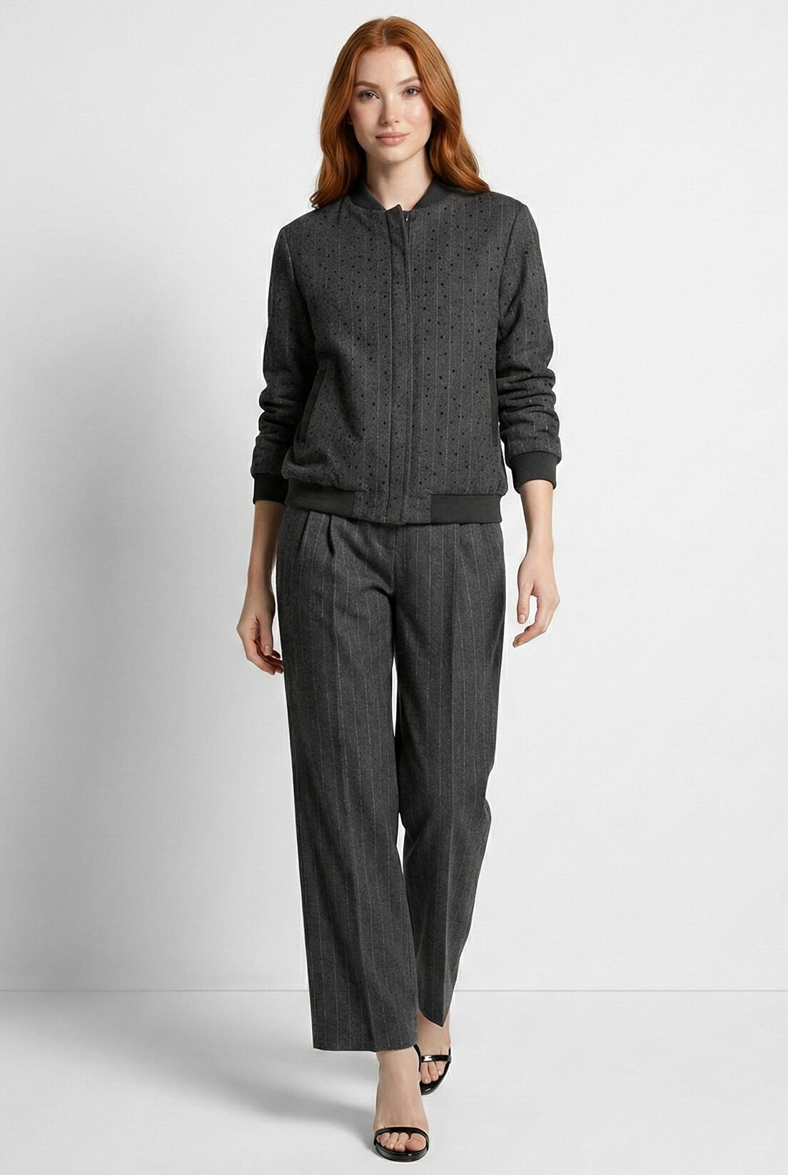 Gri Çizgili Taş Detay Bomber Ceket