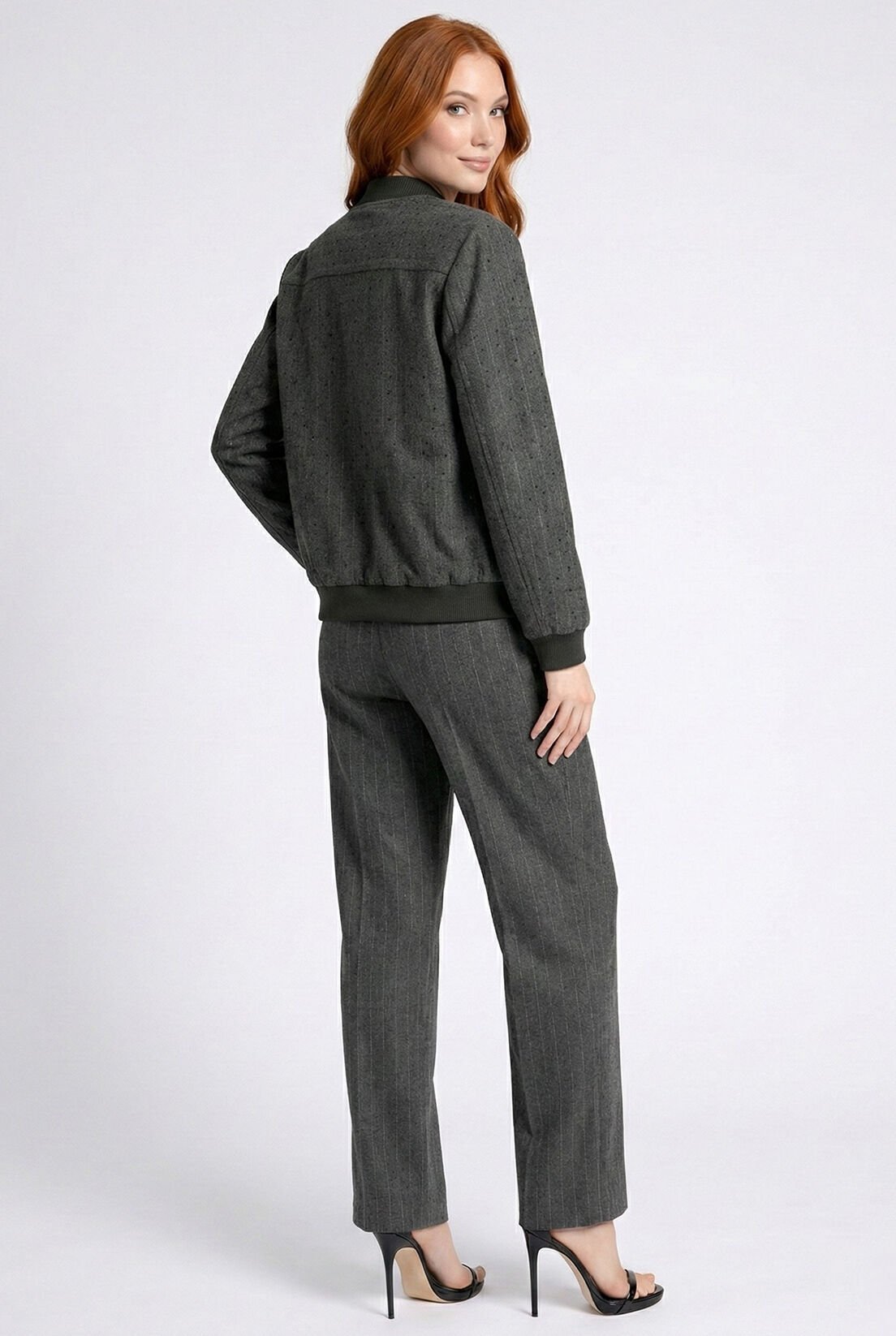 Gri Çizgili Taş Detay Bomber Ceket