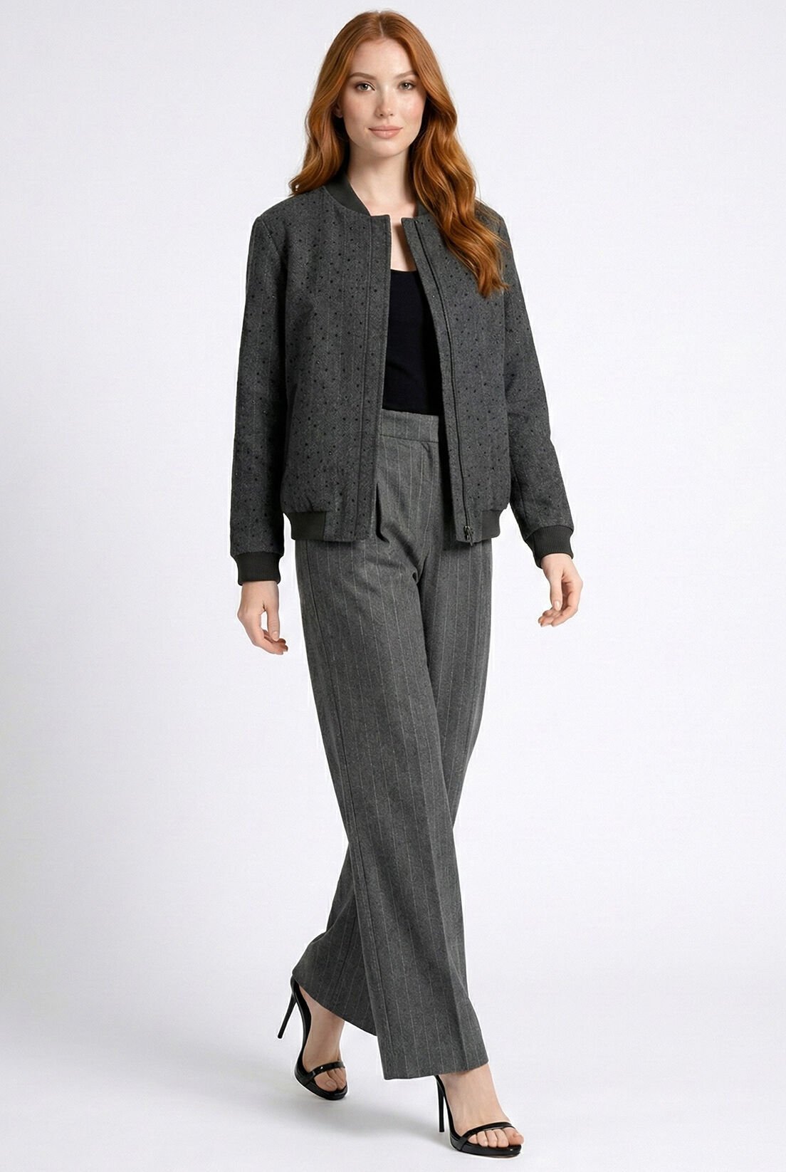 Gri Çizgili Taş Detay Bomber Ceket