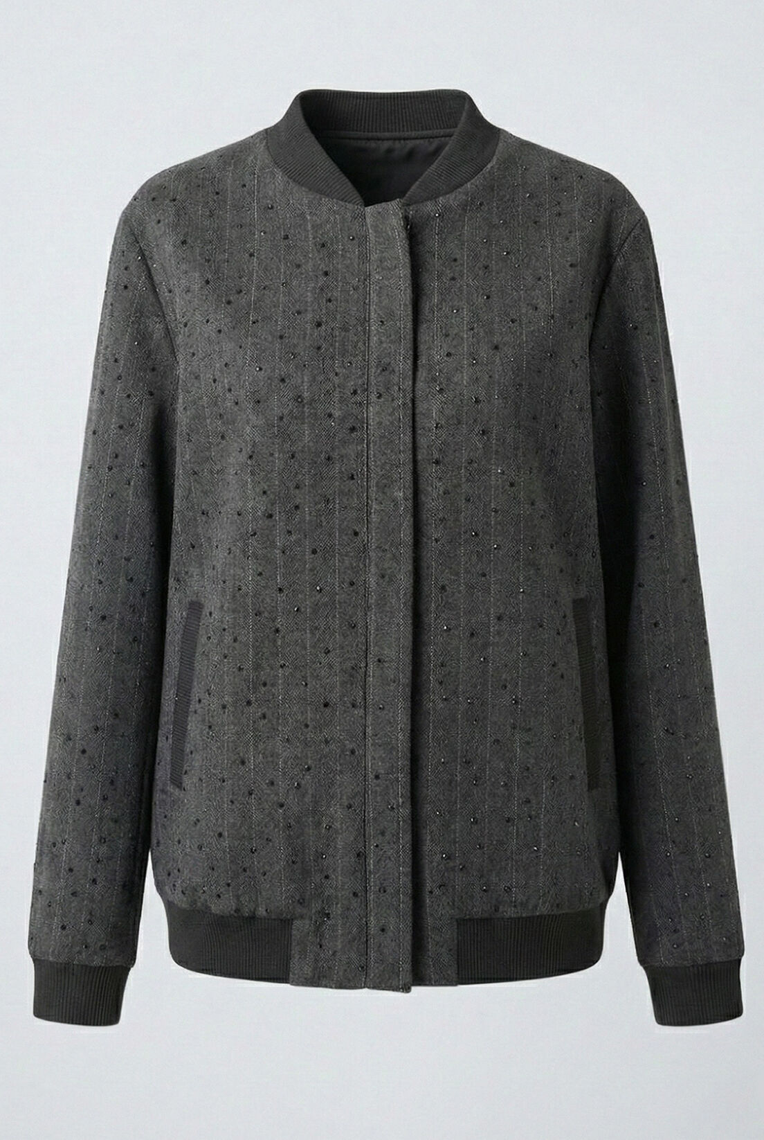 Gri Çizgili Taş Detay Bomber Ceket