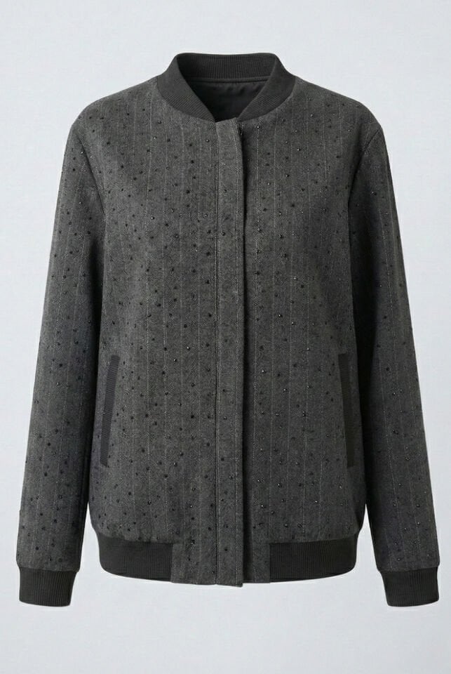 Gri Çizgili Taş Detay Bomber Ceket