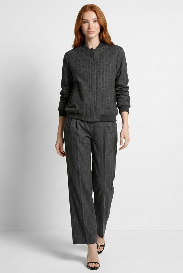 Gri Çizgili Taş Detay Bomber Ceket