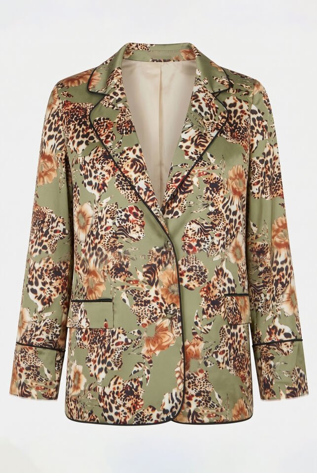 Yeşil Leopar İpek Saten Blazer