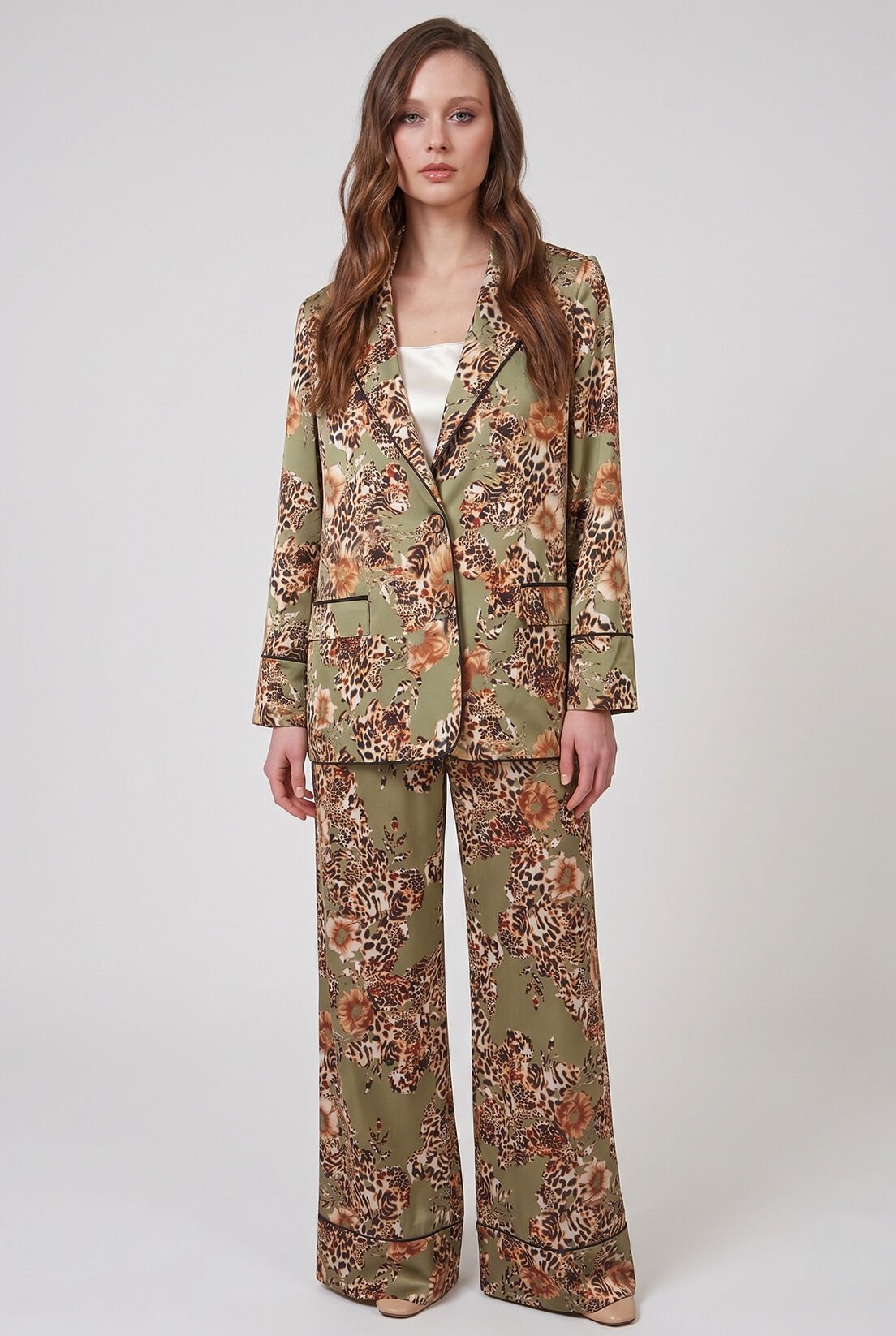 Yeşil Leopar İpek Saten Blazer