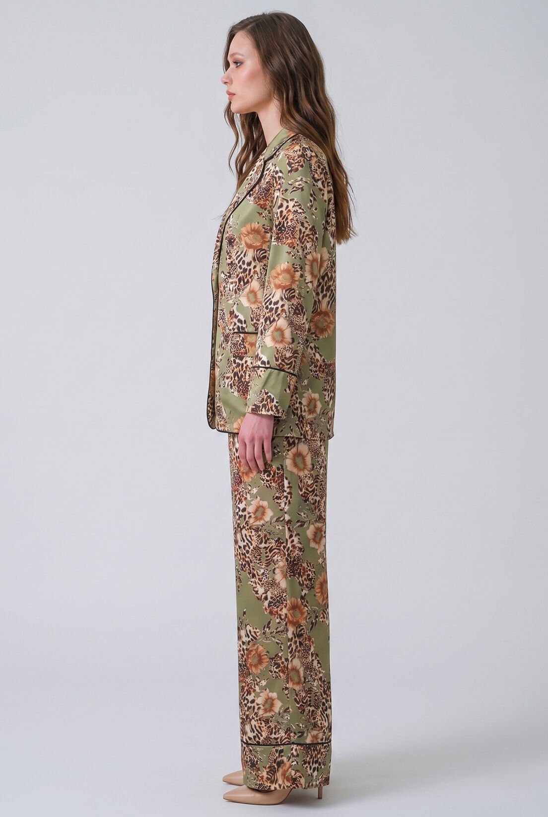 Yeşil Leopar İpek Saten Blazer