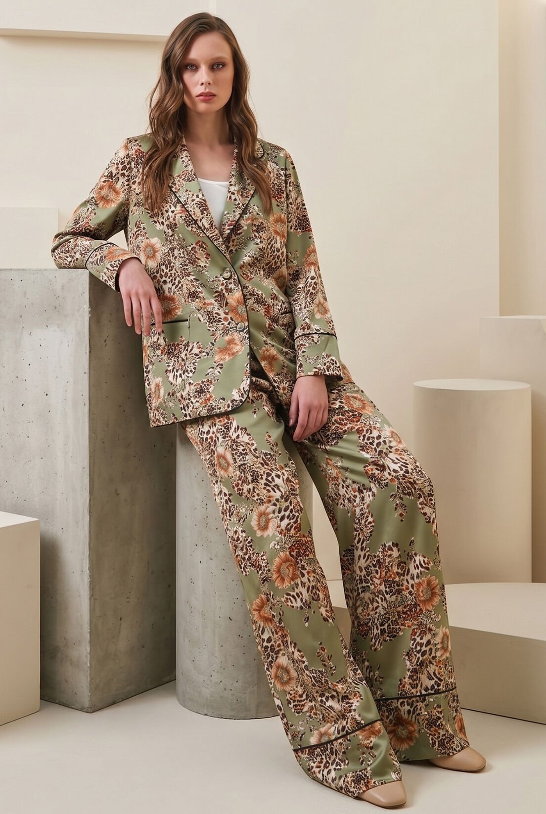 Yeşil Leopar İpek Saten Pantolon