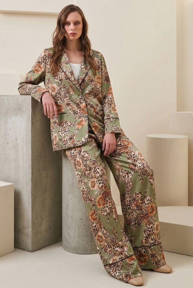 Yeşil Leopar İpek Saten Pantolon