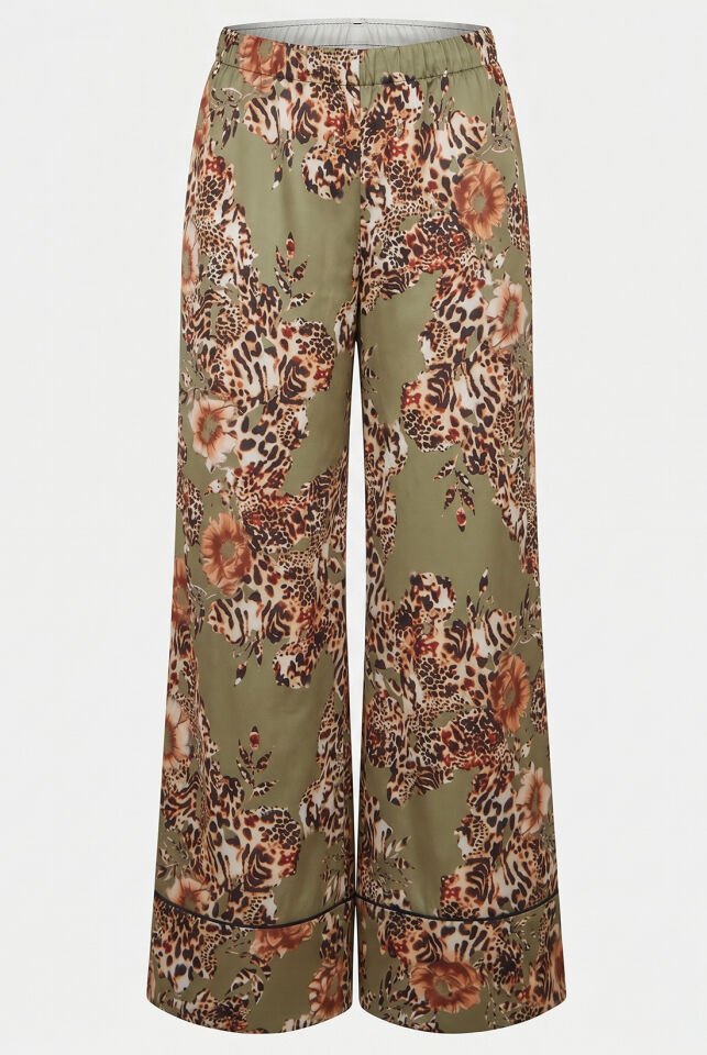 Yeşil Leopar İpek Saten Pantolon