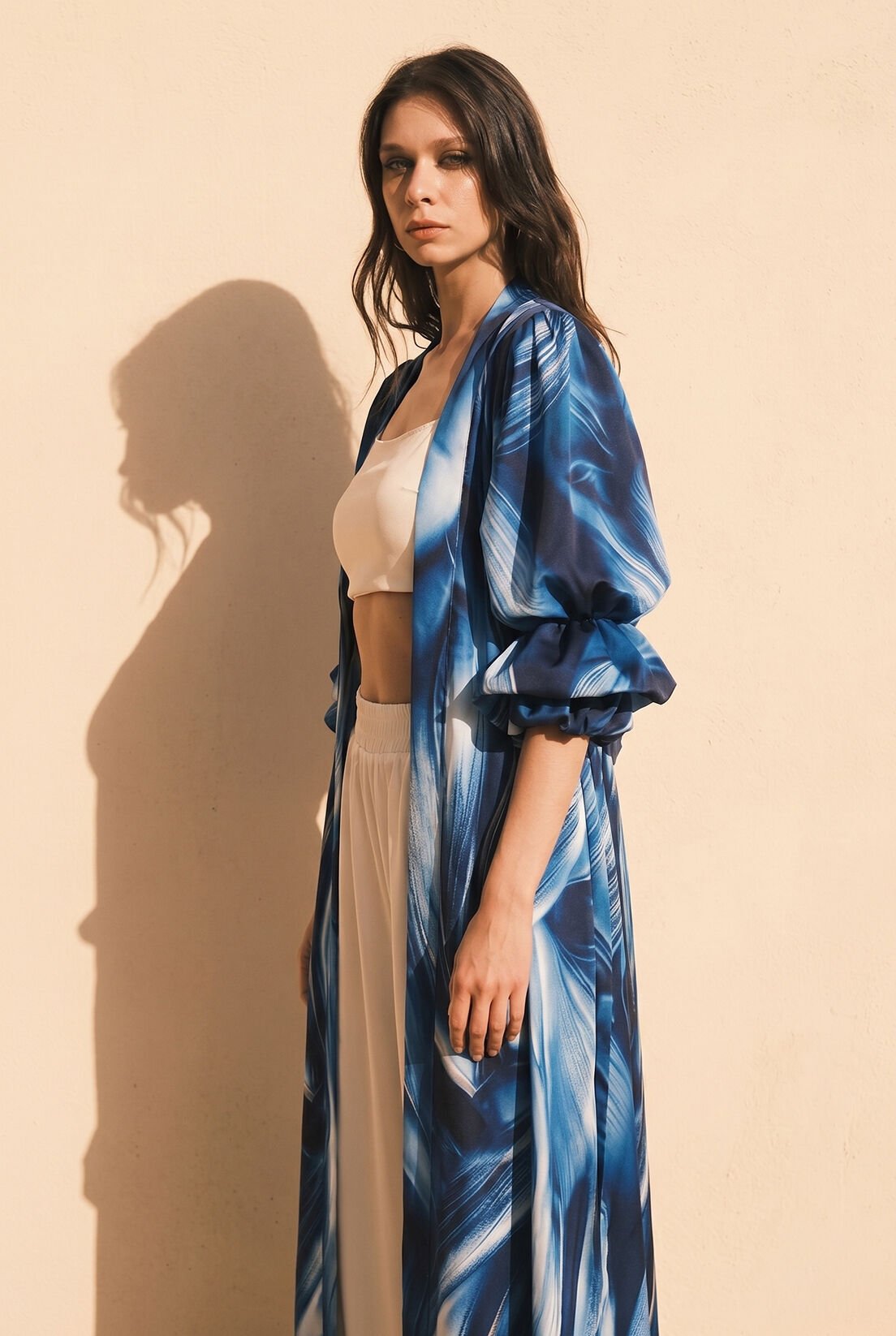 Kol Detay Mavi Desenli Kimono