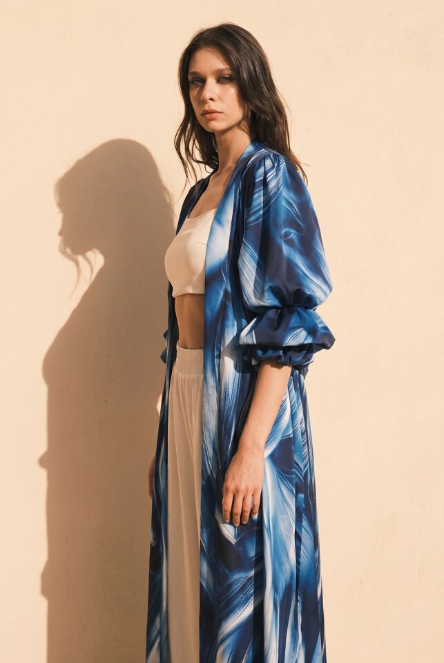Kol Detay Mavi Desenli Kimono