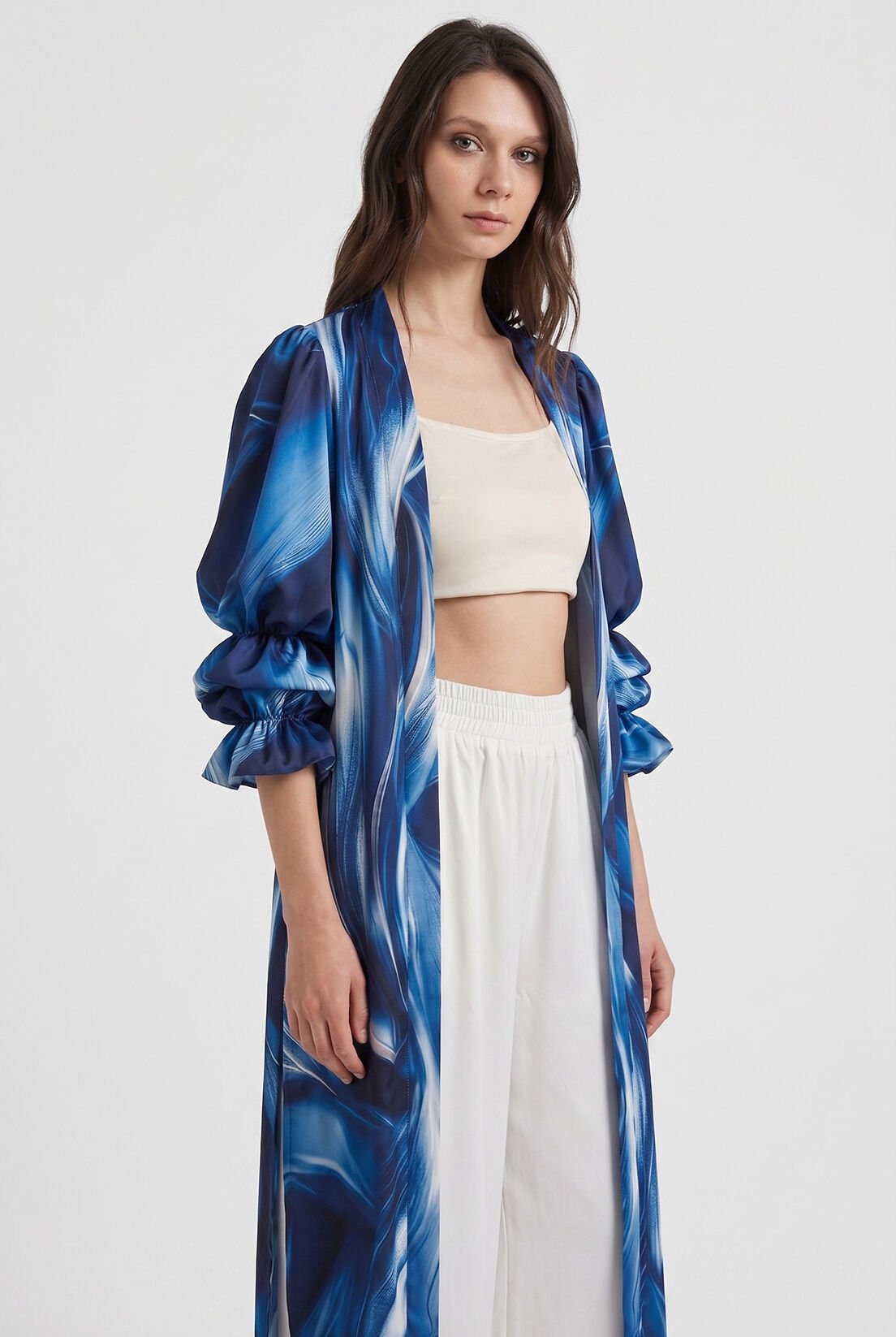 Kol Detay Mavi Desenli Kimono