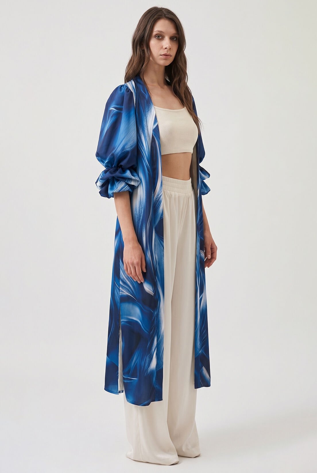 Kol Detay Mavi Desenli Kimono