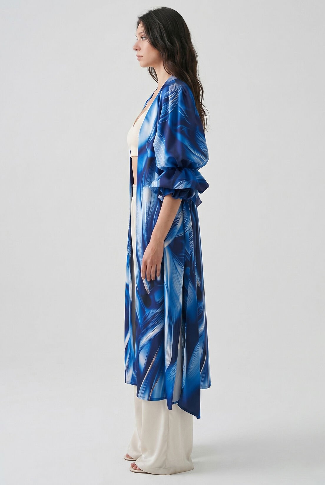 Kol Detay Mavi Desenli Kimono