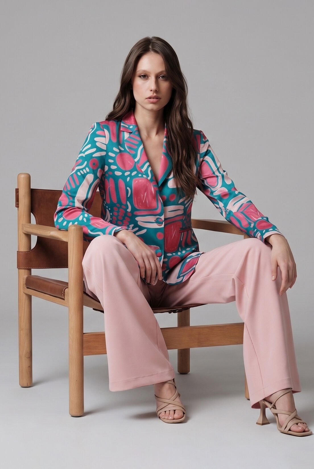 Pembe Desenli İpek Saten Blazer
