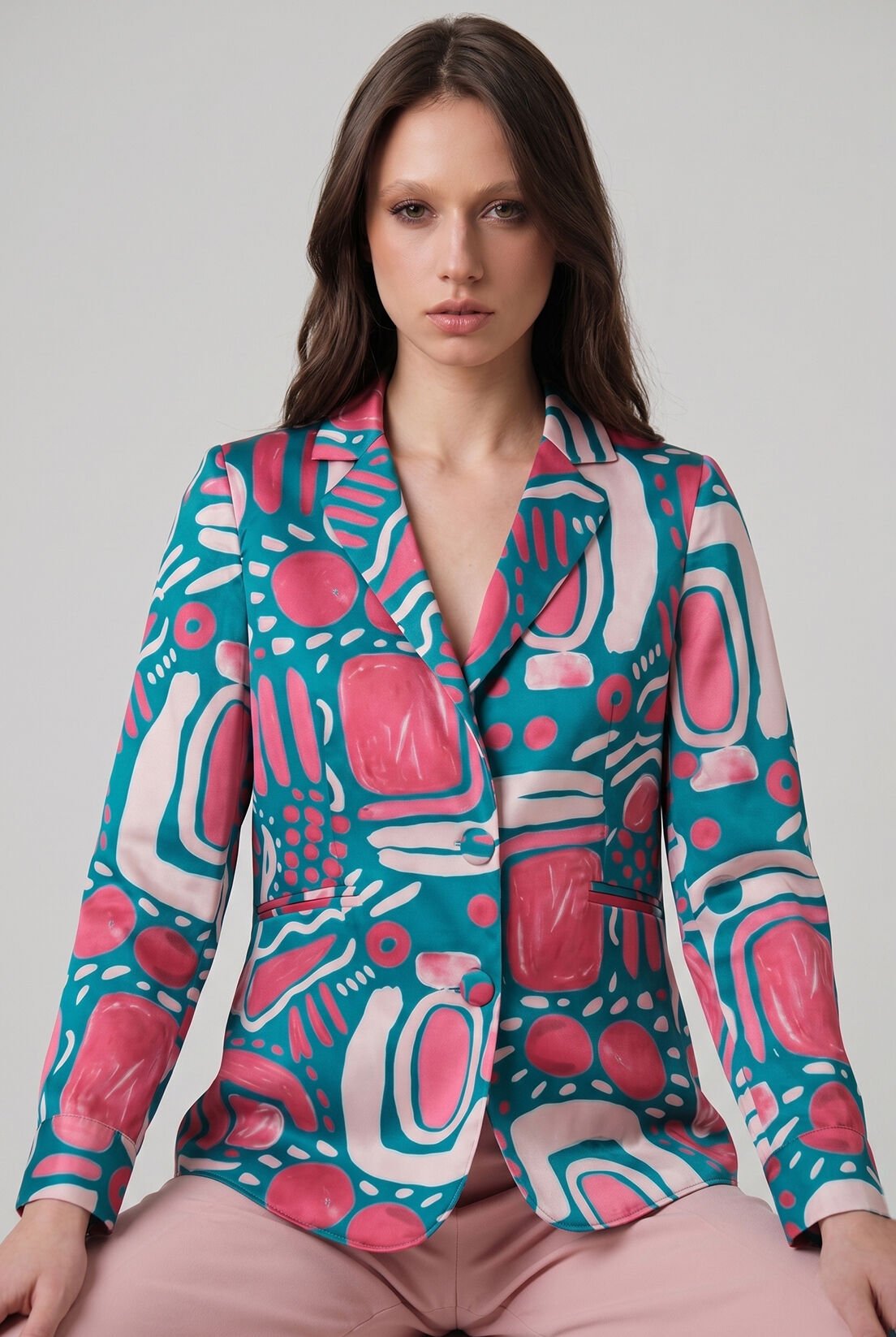 Pembe Desenli İpek Saten Blazer