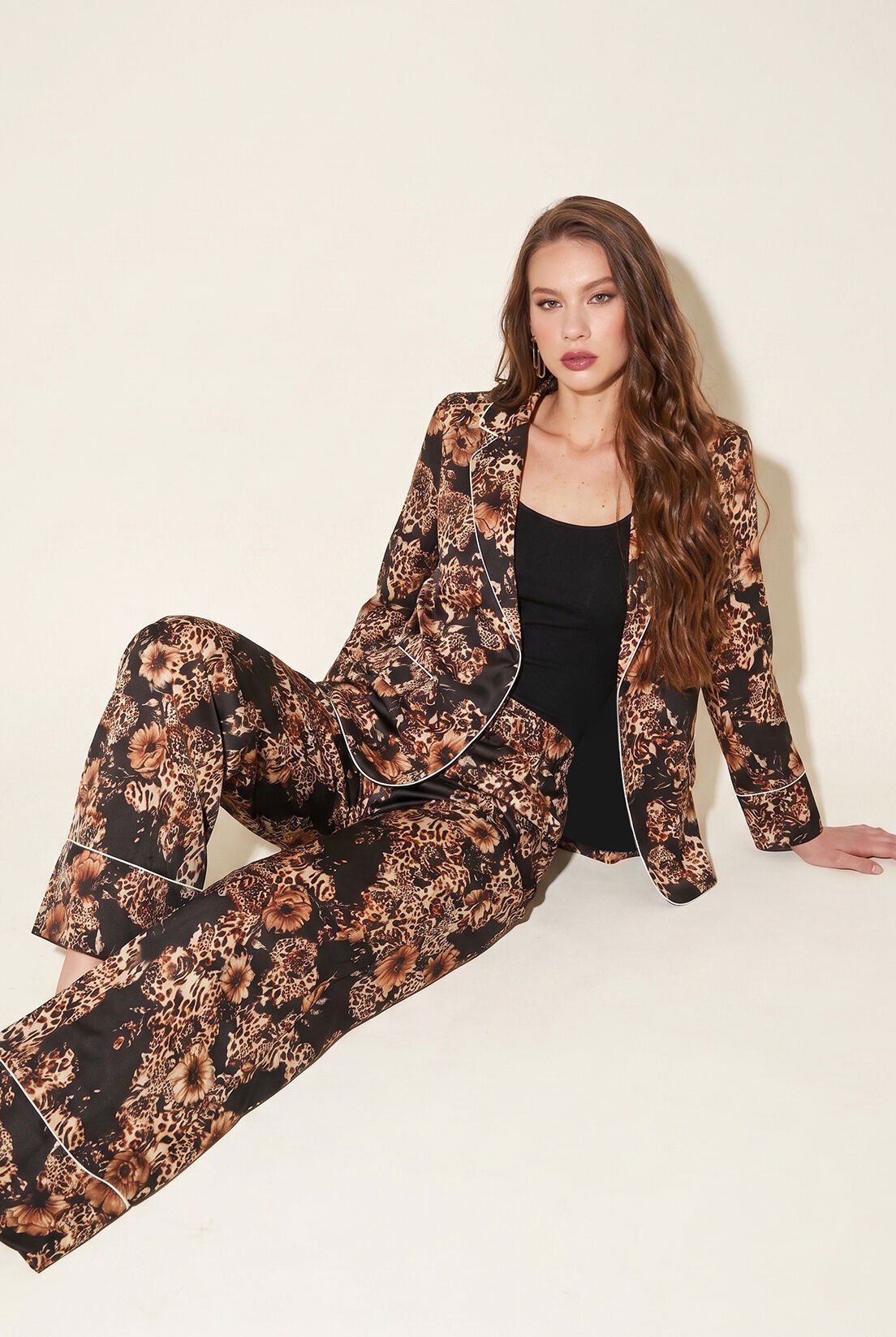 Siyah Leopar İpek Saten Blazer