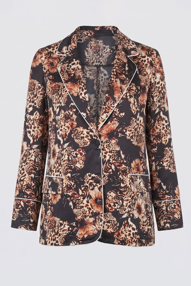 Siyah Leopar İpek Saten Blazer