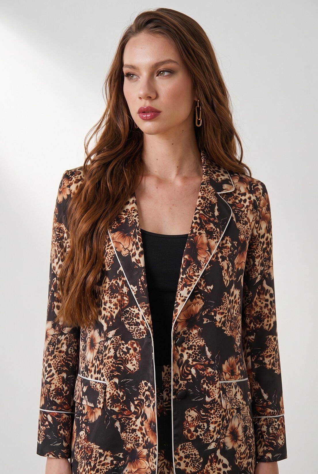 Siyah Leopar İpek Saten Blazer