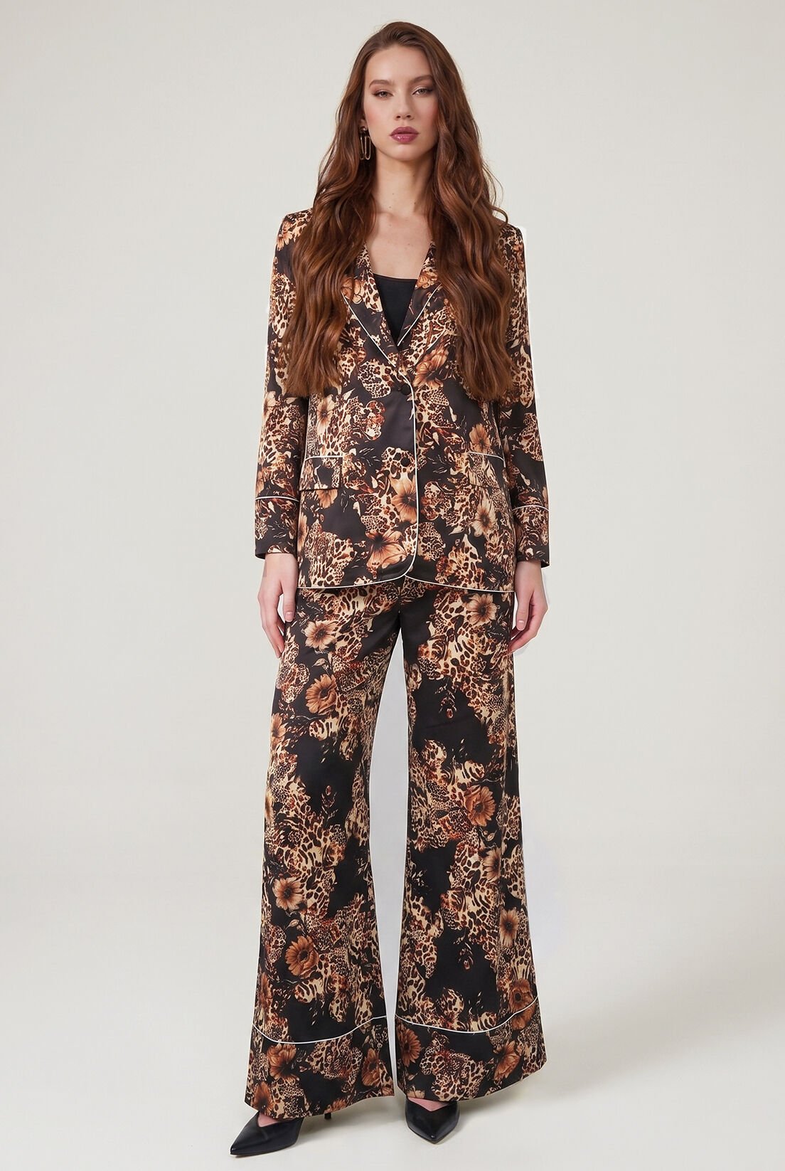 Siyah Leopar İpek Saten Blazer
