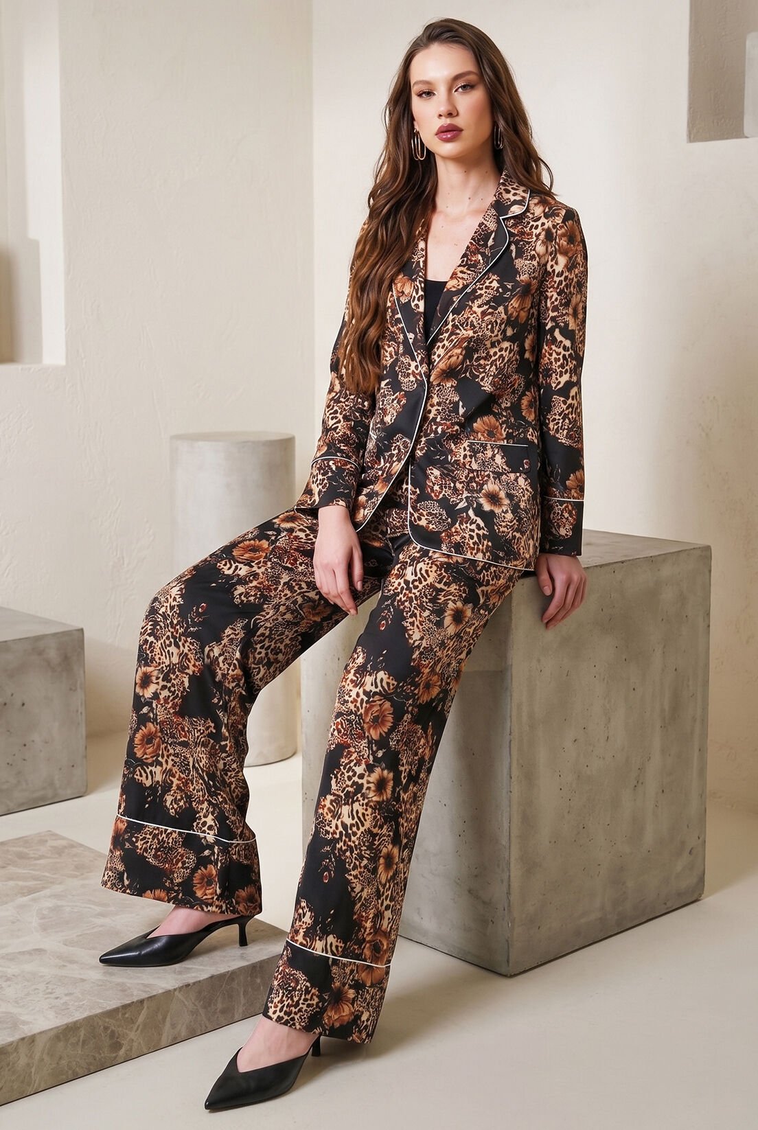 Siyah Leopar İpek Saten Pantolon