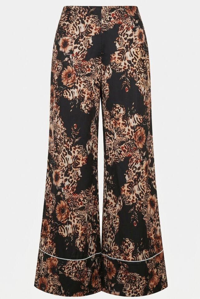 Siyah Leopar İpek Saten Pantolon