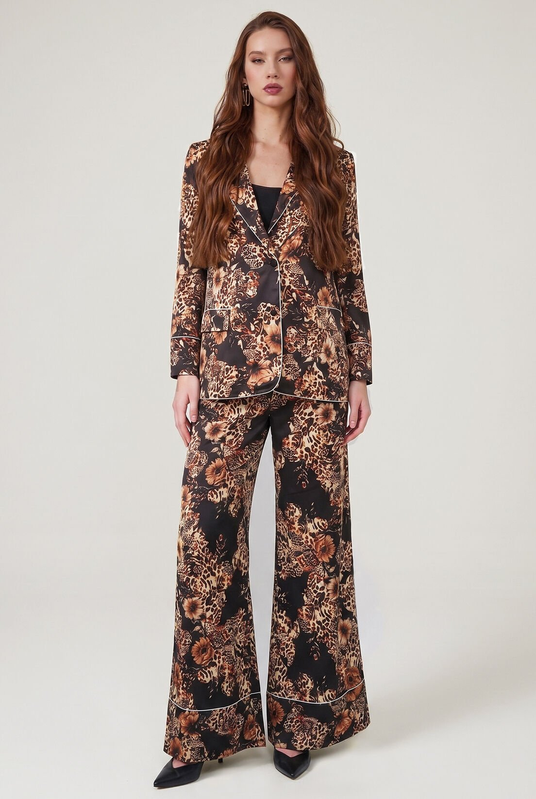 Siyah Leopar İpek Saten Pantolon