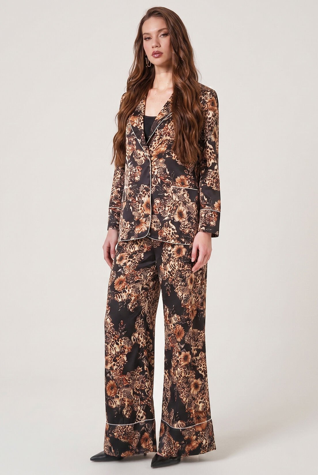 Siyah Leopar İpek Saten Pantolon