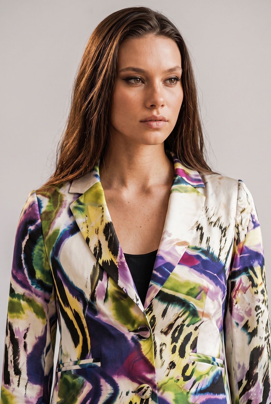 Yeşil Mor Desenli İpek Saten Blazer