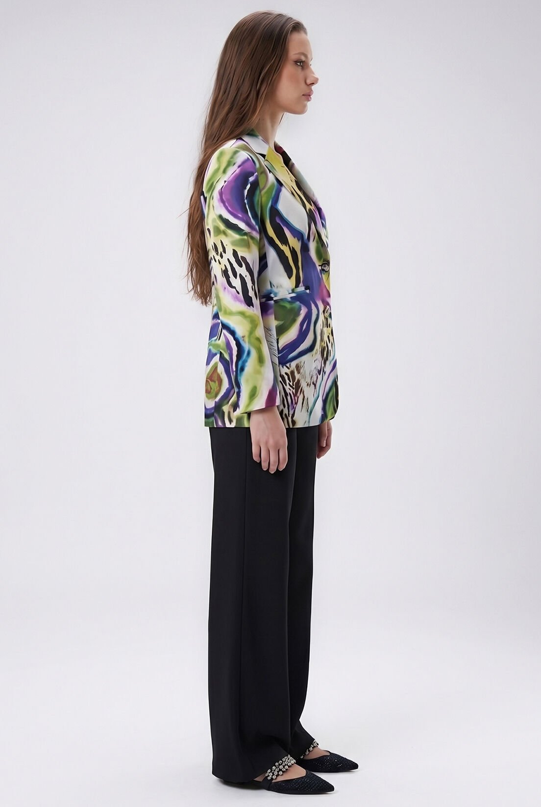 Yeşil Mor Desenli İpek Saten Blazer