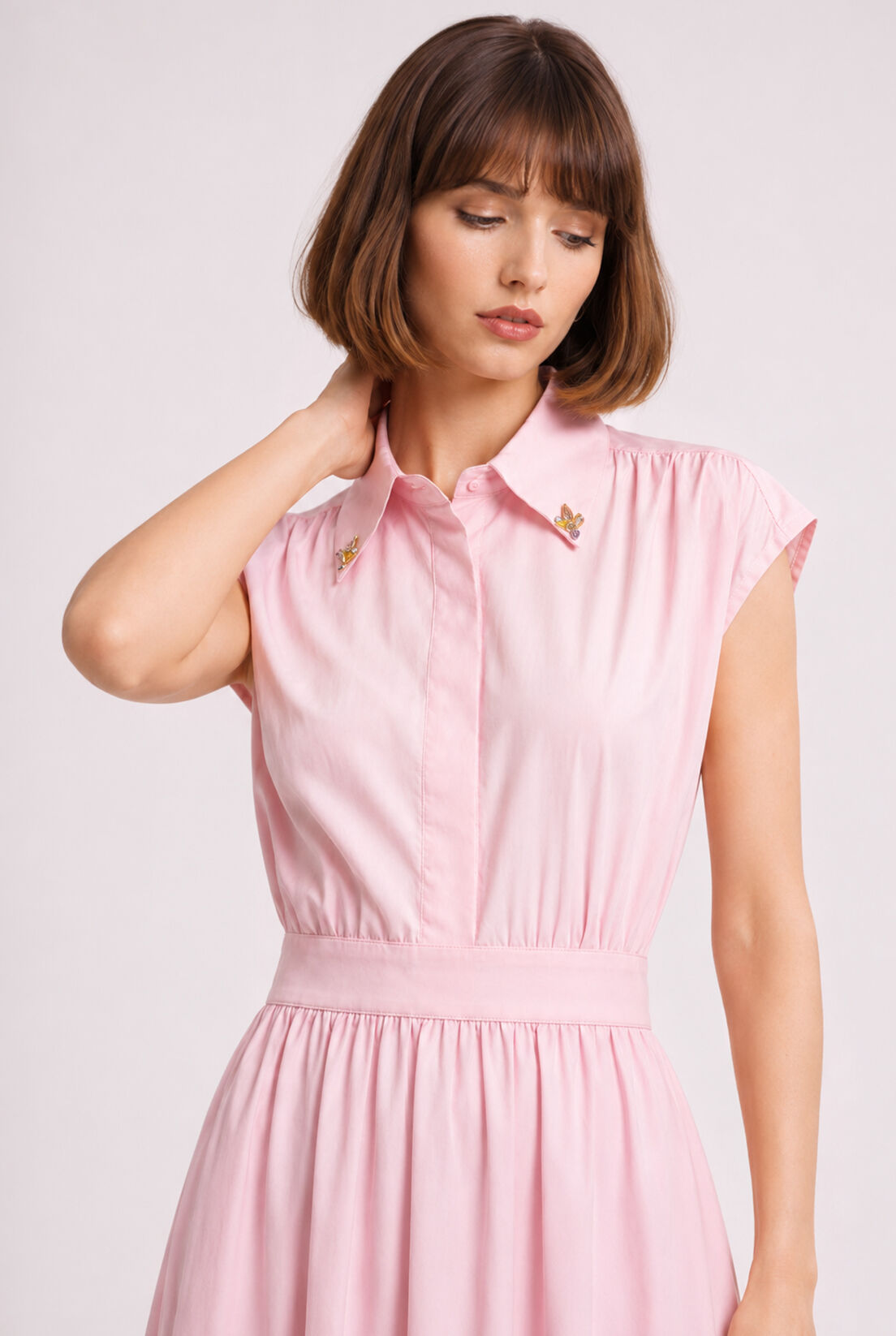 Pembe Poplin Sıfır Kol Gömlek