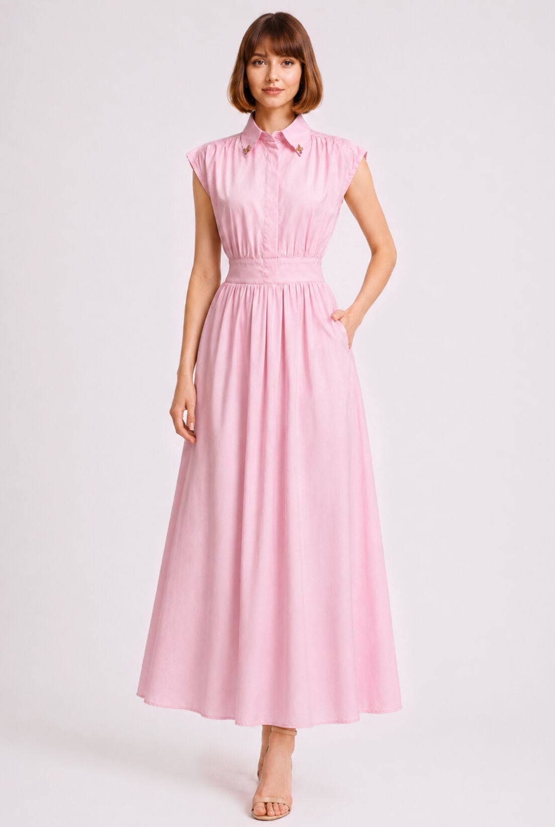 Pembe Poplin Sıfır Kol Gömlek