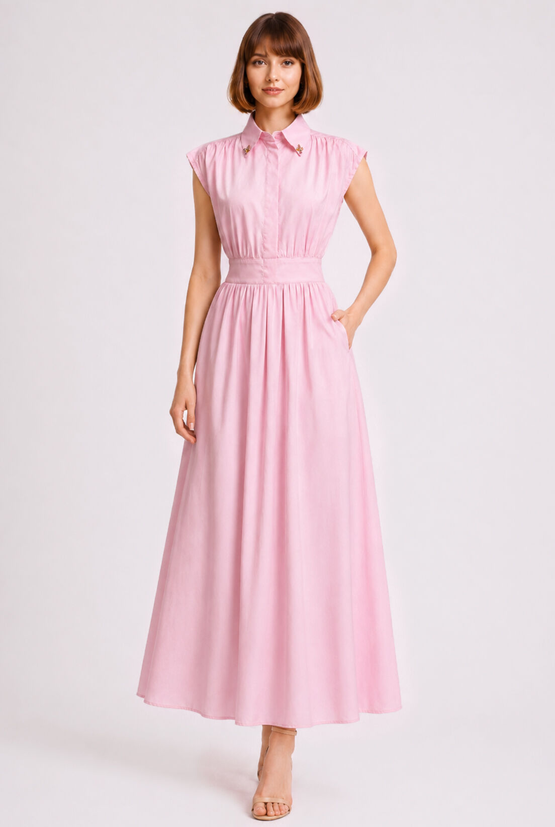 Pembe Poplin Sıfır Kol Gömlek