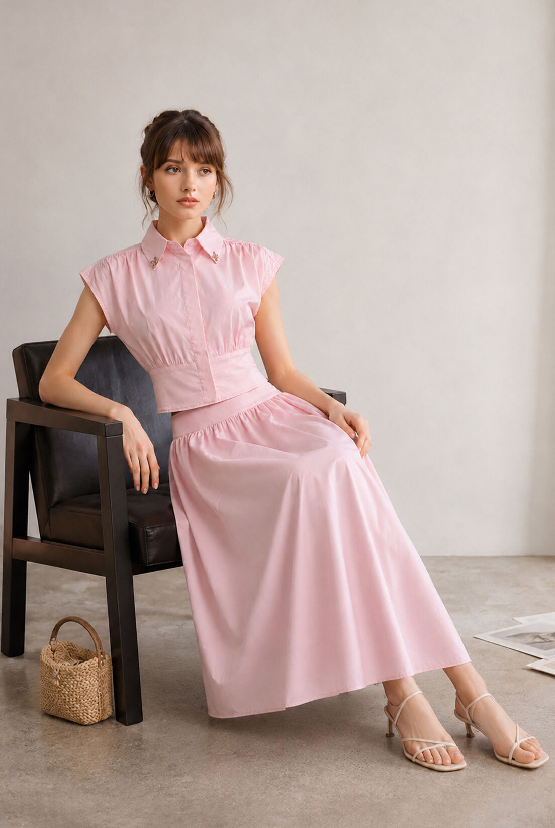 Pembe Poplin Korsajlı Etek
